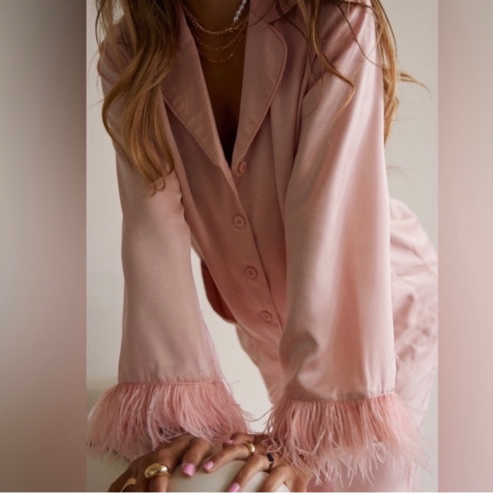 RARE miss Lola pink feather trim satin set NWT lounge set pajamas - Picture 2 of 5